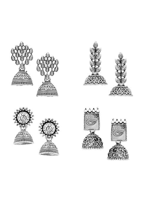 Oxidised Silver-Plated Jhumka Earrings Combo for Women – Set of 4 Stylish & Lightweight Traditional Earrings for Daily & Festive Wear
