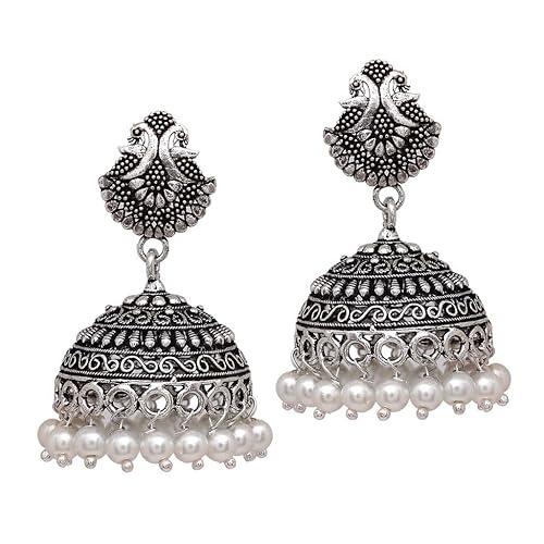 Elegant White Beads Peacock Jhumki Earrings for Girls – Oxidised Silver-Plated Traditional Jewellery by Trendzy Cart