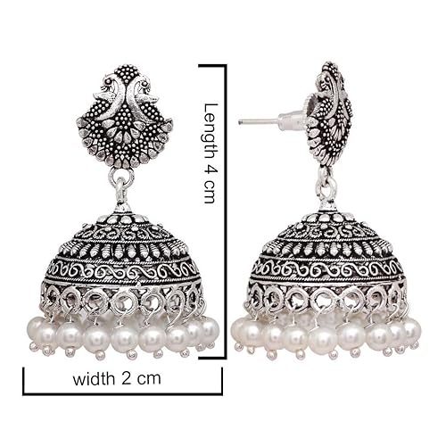 Elegant White Beads Peacock Jhumki Earrings for Girls – Oxidised Silver-Plated Traditional Jewellery by Trendzy Cart