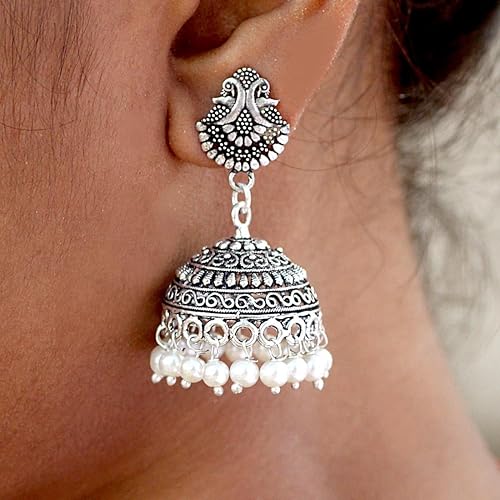 Elegant White Beads Peacock Jhumki Earrings for Girls – Oxidised Silver-Plated Traditional Jewellery by Trendzy Cart