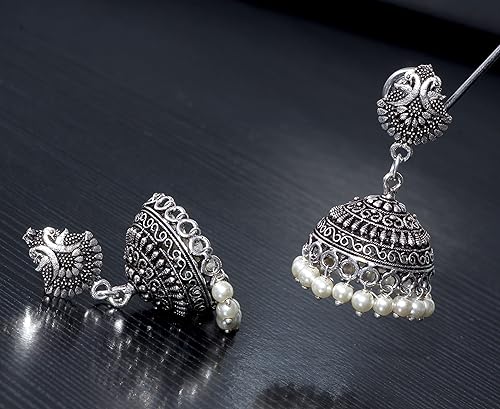 Elegant White Beads Peacock Jhumki Earrings for Girls – Oxidised Silver-Plated Traditional Jewellery by Trendzy Cart